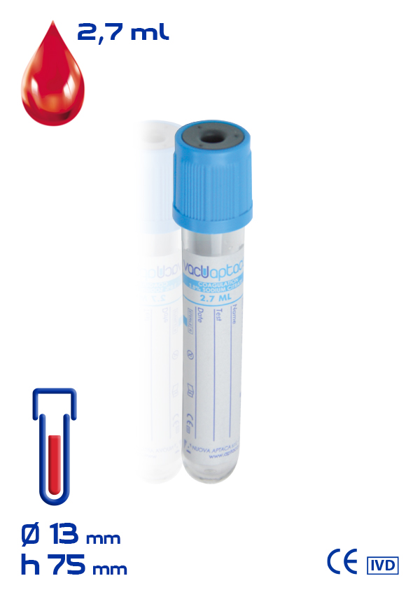 Вакуумна пробірка 3,8% 9NC з ПЕT, об. 2.7 ml (мл), діаметр 13 x 75 mm (мм), стерильна, блакитна кришка, етикетка (100 шт/уп) (30500/38)